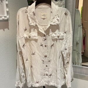 Umgee Cream Button-Down Shirt with Bow Brown Details